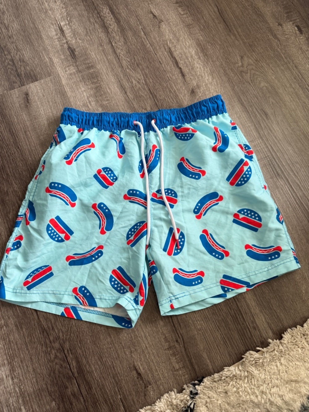 Patriotic Hot Dog Swim Trunks Mens M 32-34 USA Print Beach Shorts 4th of July